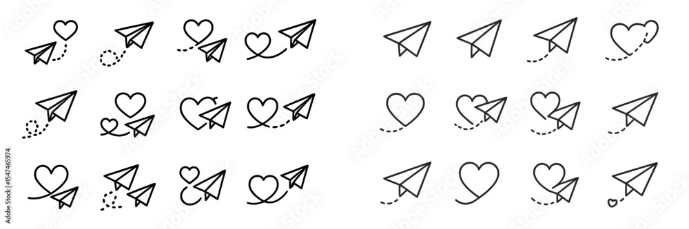 Poster multiple illustrations of paper airplanes and hearts showcasing playful designs for creative express