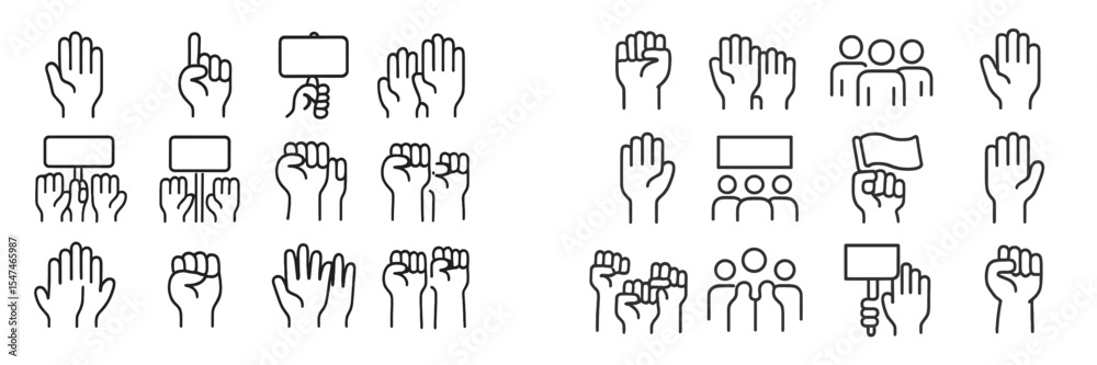 Poster diverse hand gestures representing communication, unity, and protest in a minimalist design