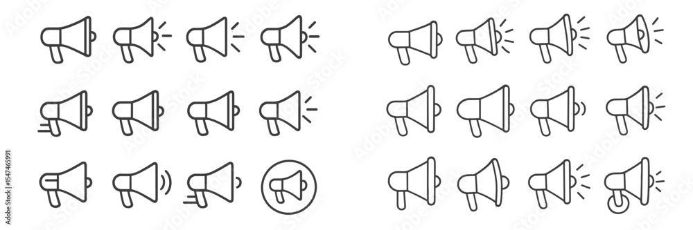 Poster variety of line art bell icons depicting different ringing styles and states used for notifications 