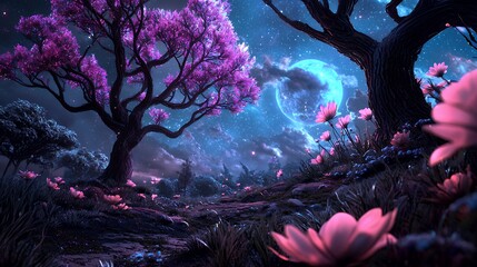Fototapeta premium Pixel Art Mystical Night Landscape with Pink Blossoms and Glowing Moon