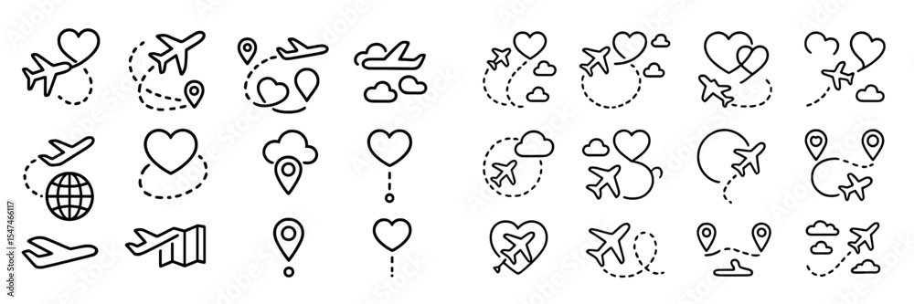 Poster vector illustrations of travel-themed elements with planes, hearts, and clouds in a seamless design 