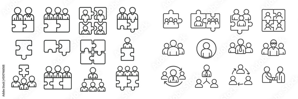 Poster various puzzle piece designs illustrating teamwork and collaboration in a modern workspace setting