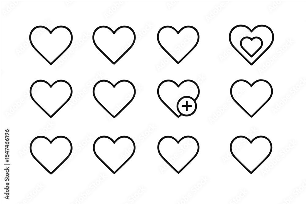 Poster Outline of hearts arranged in a grid pattern showcasing various heart designs and styles for creative use