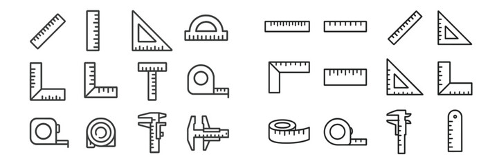 Various measuring tools including rulers, protractors, tape measures, and calipers arranged in a grid format for educational use