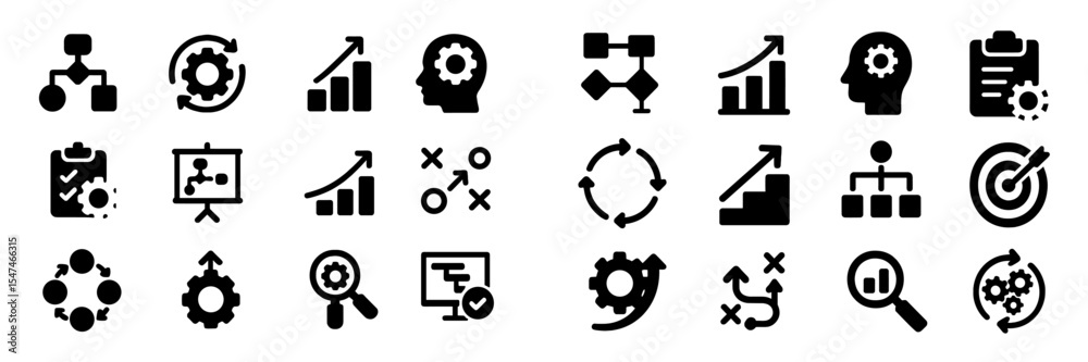 Poster collection of icons representing business strategy, data analysis, and process improvement in variou