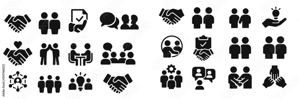 Poster collection of handshaking and teamwork icons representing collaboration, partnership, and communicat