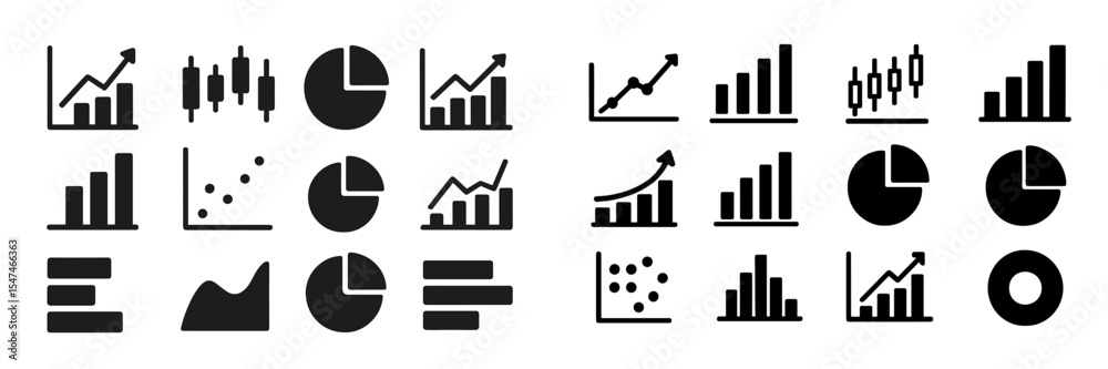 Poster various black and white data visualization symbols illustrating trends and statistics in a modern gr