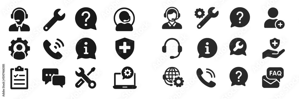 Poster Support icons illustrating various customer service options and tools for assistance on a white background during the digital age