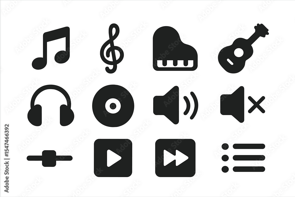 Poster musical icons and symbols representing various elements of sound, rhythm, and audio technology displ