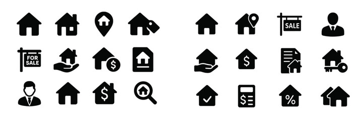 Icons representing real estate concepts including sale, location, and home services