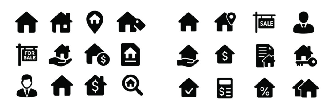 Icons representing real estate concepts including sale, location, and home services - Powered by Adobe