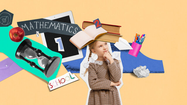Thinking girl in braids ponders while surrounded by math elements, books, and learning tools in a colorful cut-out collage. Concept of school communications, mindfulness content