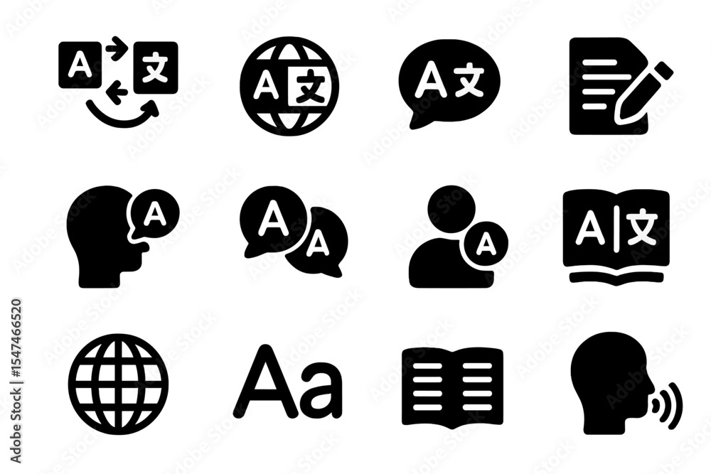 Aufkleber Imagery of language translation and communication symbols in black and white with diverse icons depicting learning and global interaction