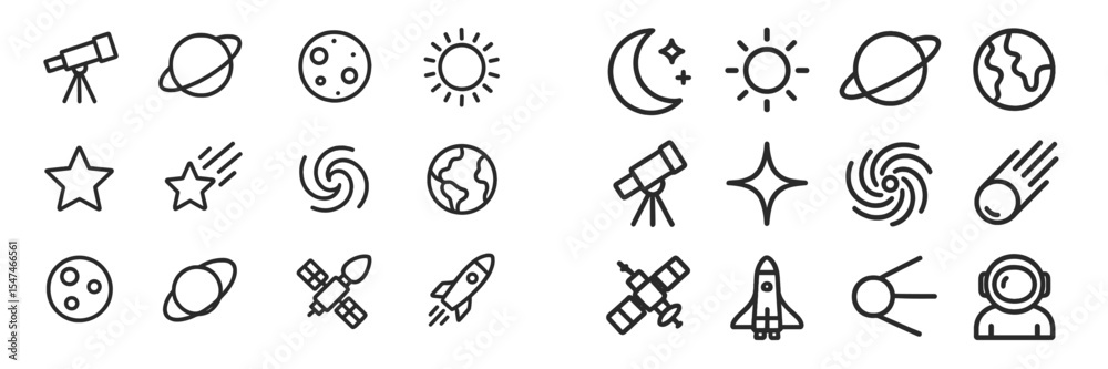Poster Explore celestial bodies and astronomical icons through simple outlines depicting space themes and elements related to astronomy