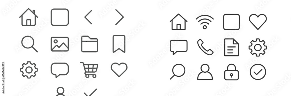 Poster collection of minimalist icons representing various user interface elements for web and app design
