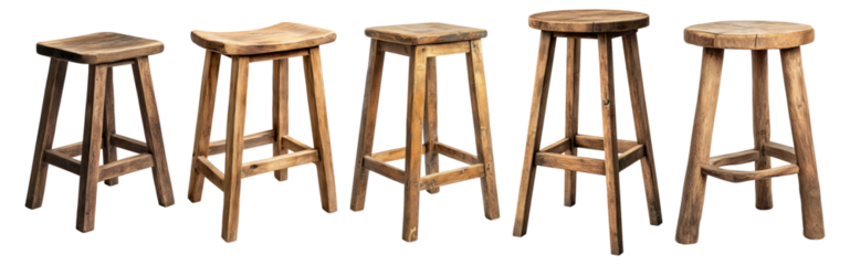 Rustic Wooden Stools in Various Heights for Home Decor Use, Isolated on Transparent, white background