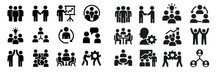 Icons representing teamwork, collaboration, and business meetings in black and white styles for presentations or design projects