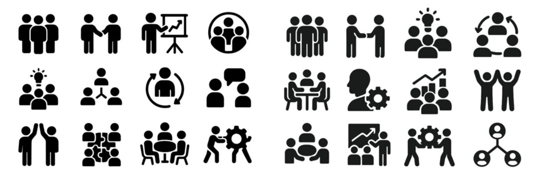Icons representing teamwork, collaboration, and business meetings in black and white styles for presentations or design projects