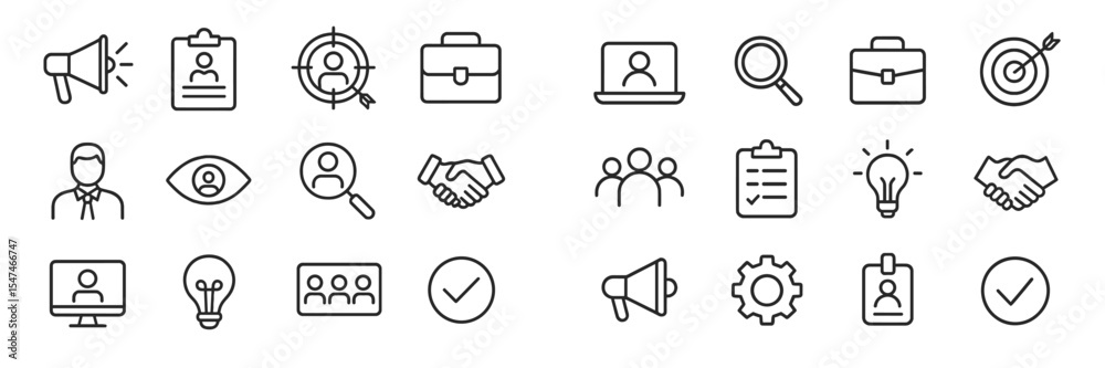 Poster icons representing business communication, teamwork, and professional development concepts in a simp