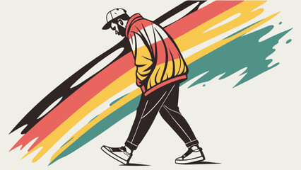 Stylish young man walking in urban street fashion. Colorful vector illustration of a cool guy with artistic background.