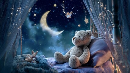 A teddy bear is sitting on a bed with a blanket and a pillow