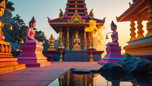 Meditative buddha statues in a serene and peaceful temple environment at sunset