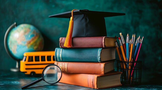 Graduation Cap on Books with School Bus, Globe, Magnifier, and Pencils on Teal