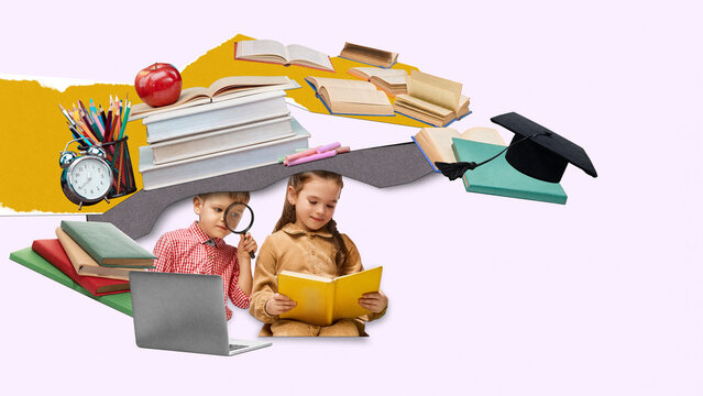 Two kids interact with books and tech among academic icons, featuring pencils, laptops, alarm clock, and grad hat. Concept of graduation and academic content, online school promotions