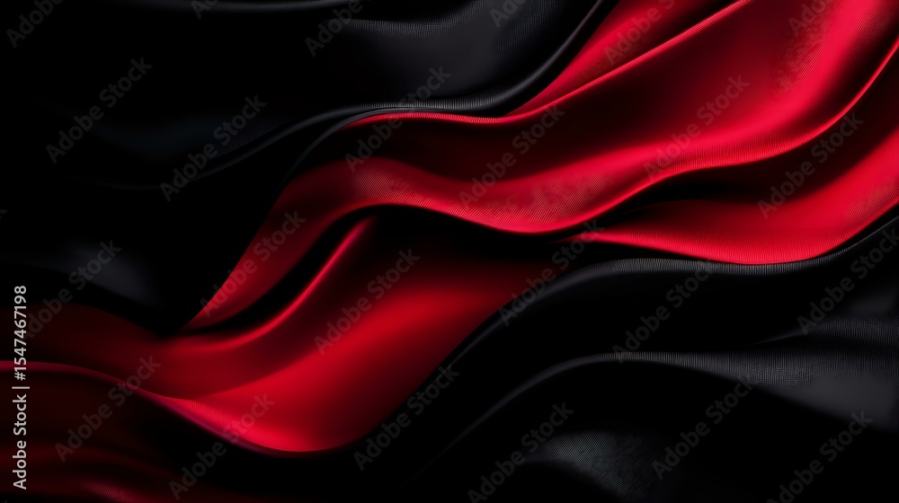 Poster flowing red and black silky fabric waves creating dynamic abstract background with elegant smooth cu