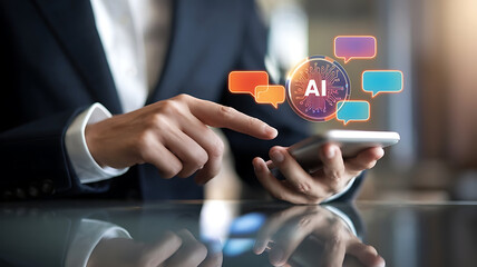 Person Using AI Chatbot on Smartphone – Digital Speech Bubbles, LLM Interaction, and Virtual Assistant Technology

