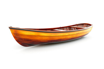 A beautifully crafted wooden boat with an elegant design, isolated on a white background.