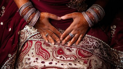 Close-up of henna-decorated hands forming a heart shape, adorned with bangles and a ring, resting on a richly embroidered maroon and gold sari.