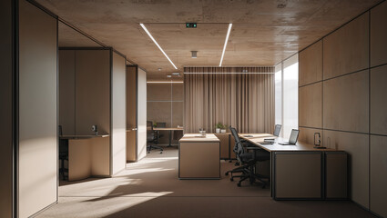 Modern and minimalist office space featuring desks computers and concrete ceiling design