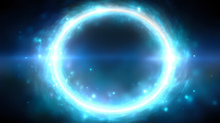 Glowing blue energy ring with luminous particles and light effects on dark background, cosmic portal with magical aura for fantasy and sci-fi designs.