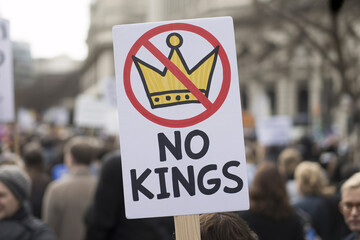 Close-up of protest sign with text "No kings" and crossed-out crown.  Demonstration in progress