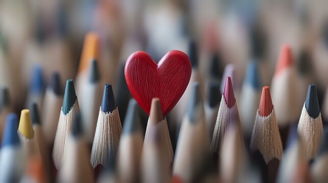 Red heart shape among colorful wooden pencils in creative arrangement, shallow depth of field composition showing love for art and creativity concept. - Powered by Adobe
