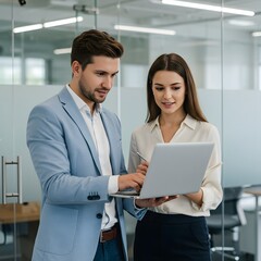 Obraz premium Business colleagues collaborating on laptop in modern office