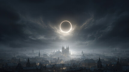 Dramatic Cityscape Under Eerie Sky During Solar Eclipse at Dusk with Gothic Architecture