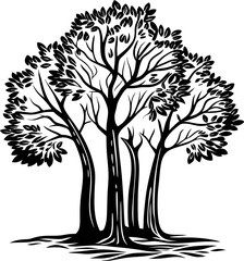 Obraz premium Hand drawn black and white tree illustration with detailed leafy branches and textured bark silhouette