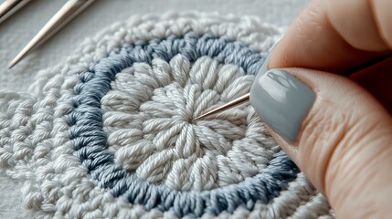 Close-up view of hands with blue manicure crocheting circular pattern in white and blue cotton yarn, showing detailed texture and crafting process in progress.