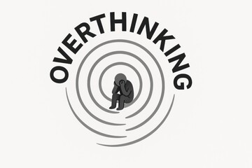Overthinking concept with figure trapped in concentric thought circles