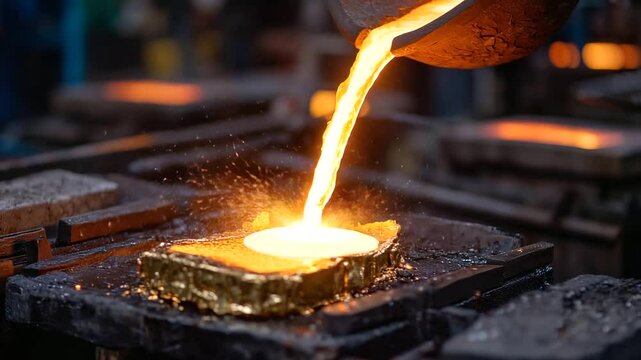 Molten gold glowing bright orange pours in a smooth stream into graphite molds, sparks flying in the air, workshop filled with fiery reflections