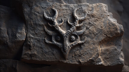 Ancient Carved Stone with Intricate Tribal Symbol Displaying Nature and Culture in Detail
