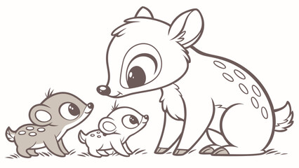 Naklejka premium Cute cartoon deer family illustration. Mother deer with two adorable baby fawns. Sweet animal art for kids and nursery.