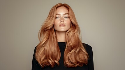 Young woman with luxurious wavy strawberry blonde hair wearing black top against neutral beige background, professional hair care and beauty concept for salon advertising.