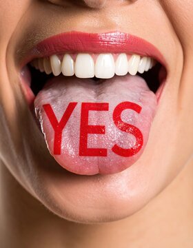 Close-up of female mouth with 'yes' on tongue