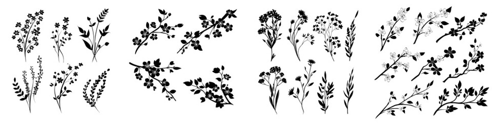 Floral arrangements and blossoming flowers, including stems and leaves, are depicted in a modern flat style as isolated illustrations on a white background for spring and summer garden designs