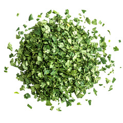 Macro of crushed coriander leaves flakes, dry and curled, realistic food photography, PNG isolated