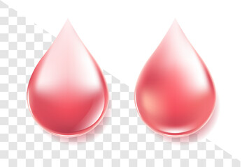 Pink water drop and droplet vector with 3D transparent liquid serum cosmetic bubble background.
