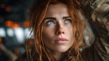 Fototapeta premium A pensive red haired woman gazes into the distance surrounded by the vibrant colors and serene atmosphere of an autumn setting
